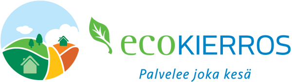 Piirroskuva jossa tie ja maaseutua, teksti ecokierros palvelee joka kesä.