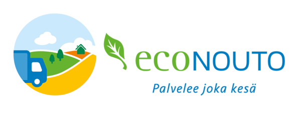 Piirroskuva rekka-autosta maaseudulla ja econouto-logo.
