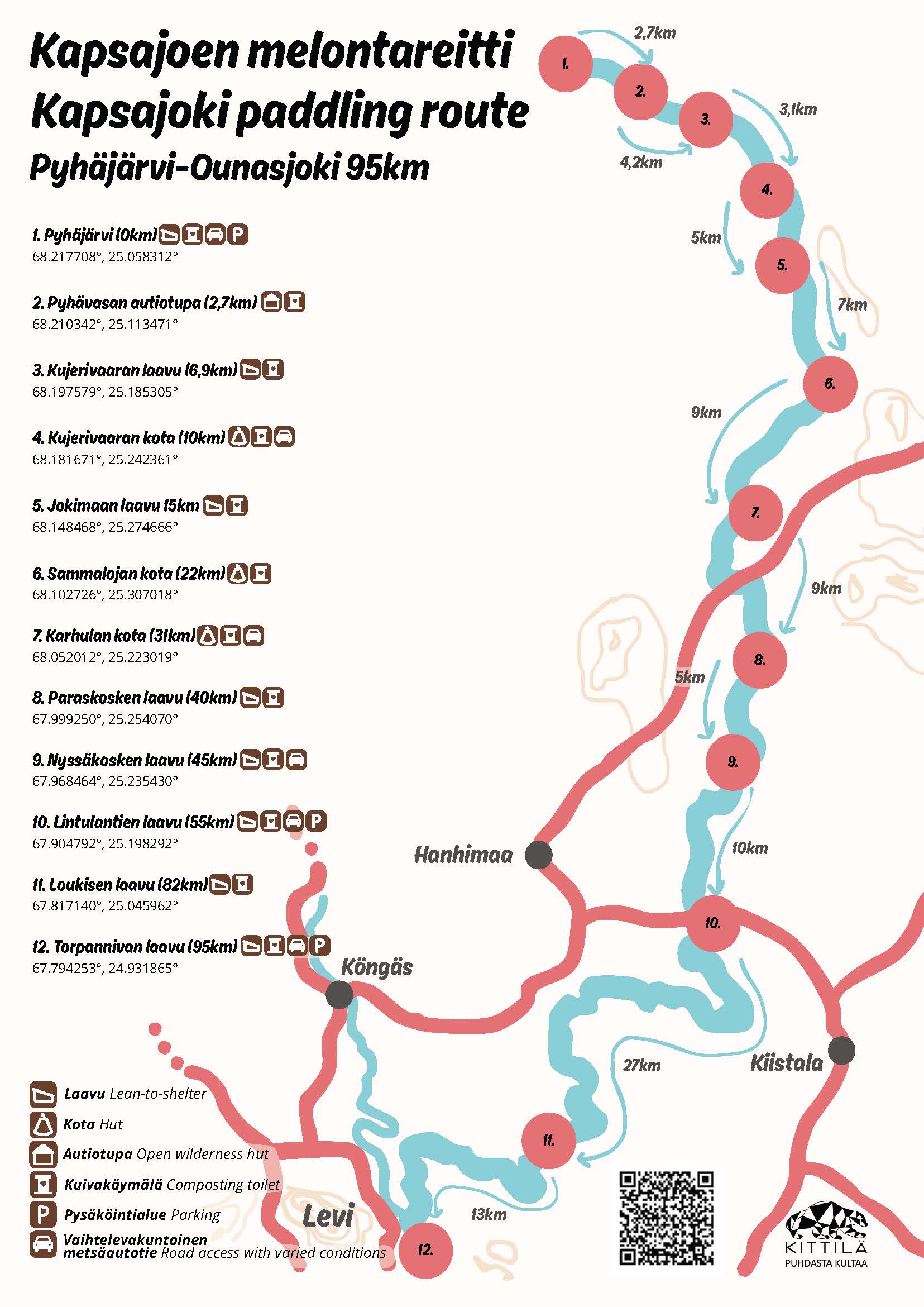 Kapsajoen vesiretkeilyreitin taukopaikat ja koordinaatit.
