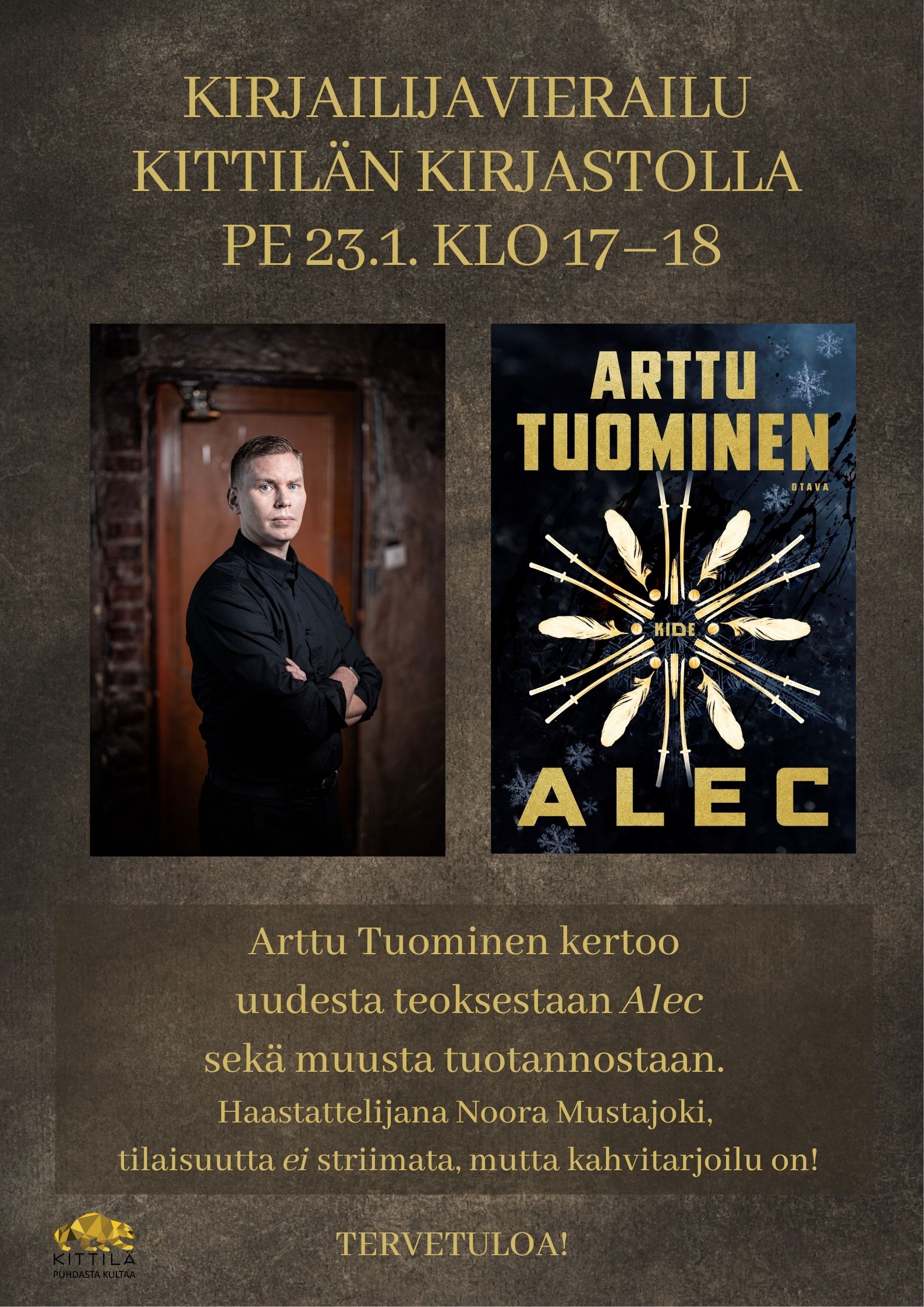Kirjailijavieras Arttu Tuominen kirjastossa pe 23.1.26