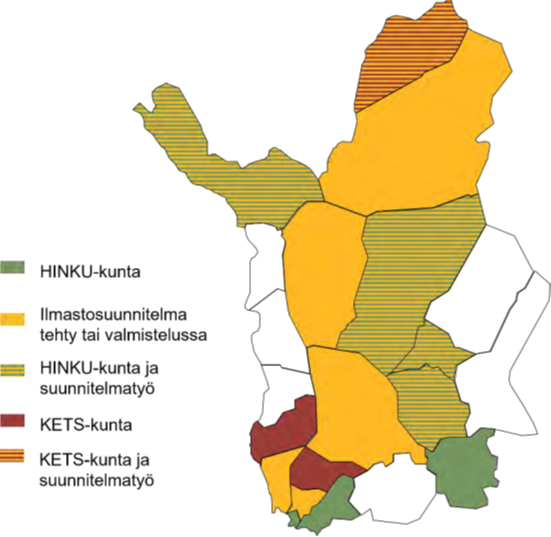 Kuva, jossa eri väreillä Lapin kunnat, jotka kuuluvat HINKU-verkostoon tai KETS-sopimukseen tai joissa on tehty ilmastosuunnitelma tai se on valmistelussa.