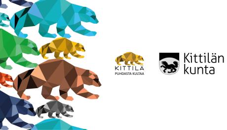 Värikäs Kittilä-kuosi, jossa erikokoisia ja värisiä ahmoja, keltainen ahma-logo sekä vaakunalogo