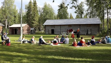 Ihmisiä istuu nurmikolla kansallispuvut päällä