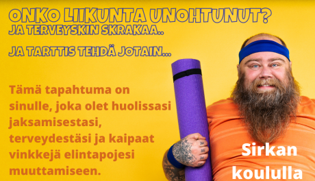 joogamattoa pitävä hymyilevä mahakas mieshenkilö ja sama teksti kuin tekstissä