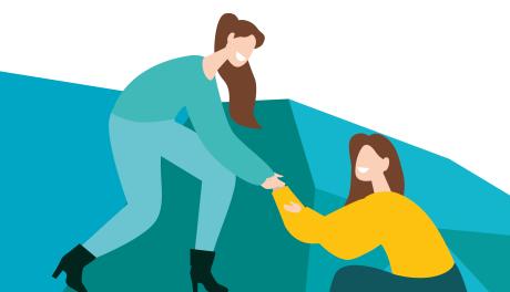 Piirroskuva, jossa ihminen auttaa toista pitämällä käsistä.