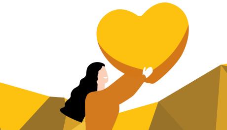 Piirroskuva, jossa ihminen pitää isoa sydäntä käsissään.