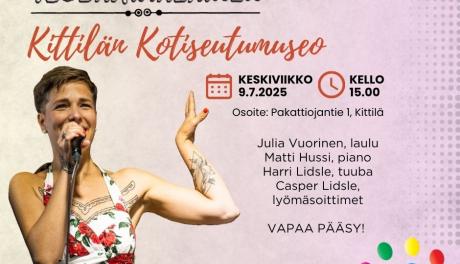 Mainoskuva Tuubakimalainen-yhtyeen konsertista heinäkuussa 2025, mukana laulaja Julia Vuorinen