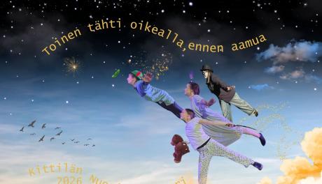 Toinen tähti oikealla, ennen aamua -teatteriesityksen mainos, jossa lapset ja Peter Pan lentävät taivaalla