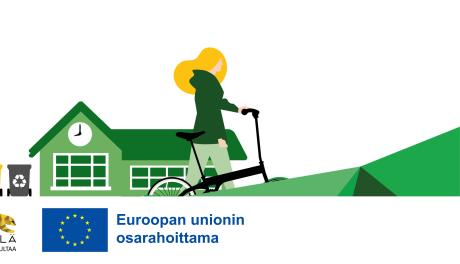 Kuvituskuva, jossa kierrätysastiat ja polkupyötää taluttava henkilö. Alalaidassa Kittilän kunnan logo sekä EU:n osarahoittama -tunnus.