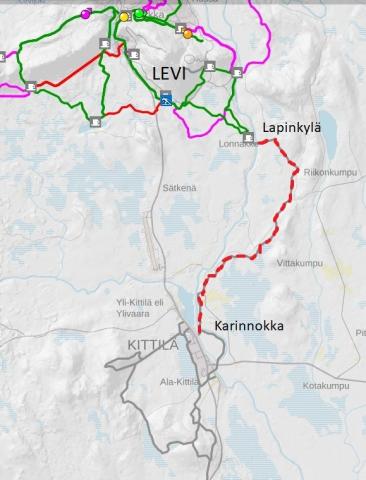 Levin latukartta, johon merkitty Lapinkylä-Karinnokka väli punaisella katkoviivalla