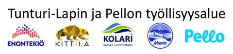 Tunturi-Lapin ja Plellon työllisyysalueen nimii ja kuntien logot: Enontekiö, Kittilä, Kolari, Muonio, Pello
