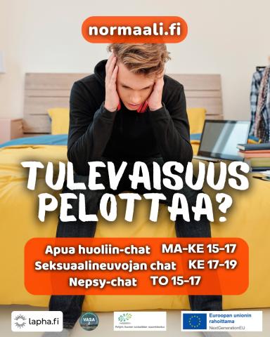 normaali.fi Tulevaisuus pelottaa? Apua huoliin-chat ma-ke 15-17, seksuaalineuvojan chat ke 17-19, nepsy-chat to 15-17