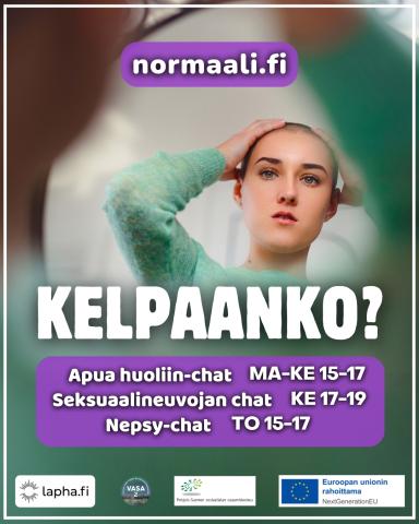 Normaali.fi, Kelpaanko? Apua-huoliin chat ma-ke 15-17, seksuaalineuvojan chat ke 17-19, nepsy-chat to 15-17