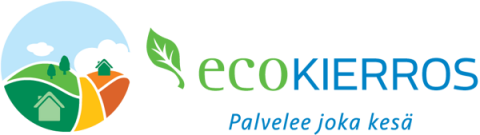 Piirroskuva jossa tie ja maaseutua, teksti ecokierros palvelee joka kesä.