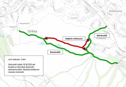 Suuljettu osuus ja kiertoreitti kesäkuu 2025 Rakkavaaran ulkoilureitti.