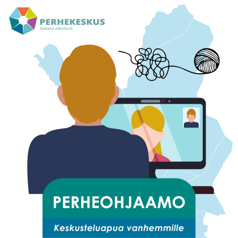 Mainoskuva, jossa ihminen tietokoneen ääressä ja teksti Perheohjaamo keskusteluapua vanhemmille