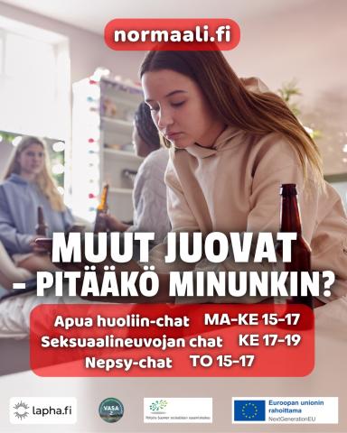 Normaali.fi Muut juovat pitääkö minunkin? Apua huoliin chat ma-ke 15-17, seksuaalineuvojan chat ke 17-19, nepsy-chat to 15-17