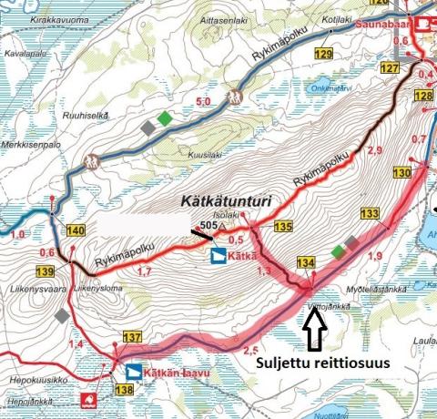 Karttakuva suljetuista reittiosuuksista Kätkätunturissa Sirkassa pe 3.7.2026.