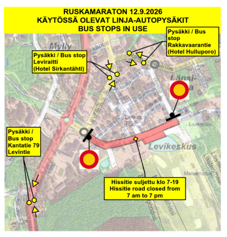 Ruskamaratonin 2026 aikana käytössä olevat linja-autopysäkit.