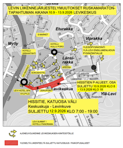 Ruskamaratonin 2026 liikennejärjestelymuutokset -kartta.