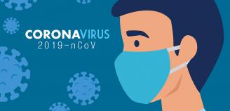 Piirroskuva henkilöstä maski kasvoilla ja teksti Coronavirus 2019-nCov