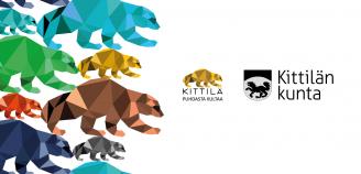 Värikäs Kittilä-kuosi, jossa erikokoisia ja värisiä ahmoja, keltainen ahma-logo sekä vaakunalogo