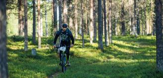 Pyöräilijä ajaa metsäpolulla