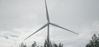 Tuulivoima, kuva tuulimyllystä metsän yllä