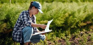 Nuori kyykyssä kasvien vieressä lukee paperia