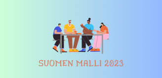 Piirroskuva nuorista ja teksti Suomen malli 2023
