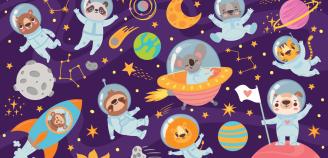 Kuvituskuva söpöjä astronautteja ja eläimiä avaruudessa piirros