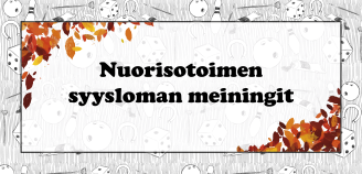 tekstiä, ruskan sävyisiä lehtiä kehyksen reunoilla