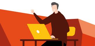 Piirroskuva, jossa ihminen on tietokoneen äärellä käsi pystyssä.