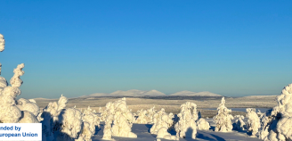 Talvinen maisemakuva EUn logolla ja tekstillä Co funded by the European Union