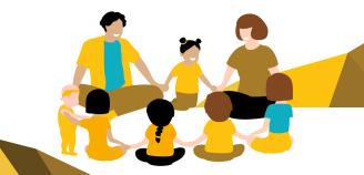 Piiroskuva jossa aikuisia ja lapsia istuu ringissä