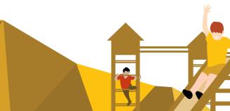 Piirroskuva lapsista kiipeilemässä ja laskemassa liukumäkeä leikkipuistossa