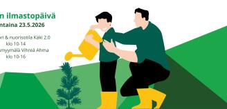 Kittilän ilmastopäivän mainoskuva, jossa teksti "Kittilän ilmastopäivä lauantaina 23.5.2026. Kittilän tori & nuorisotila Käki 2.0 klo 10-14, kierrätysmyymälä Vihreä Ahma klo 10-16"