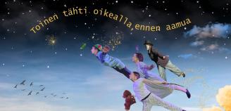 Toinen tähti oikealla, ennen aamua -teatteriesityksen mainos, jossa lapset ja Peter Pan lentävät taivaalla