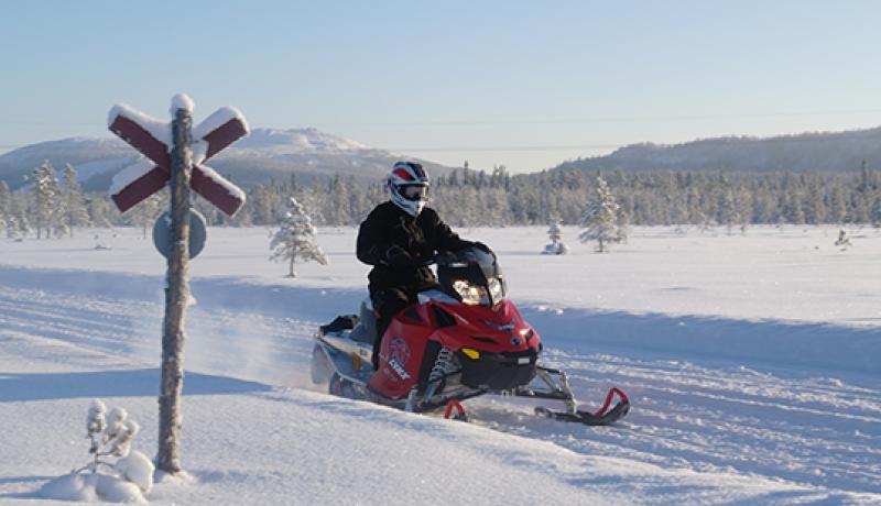 Moottorikelkka ja kelkkailija merkityllä kelkkareitillä