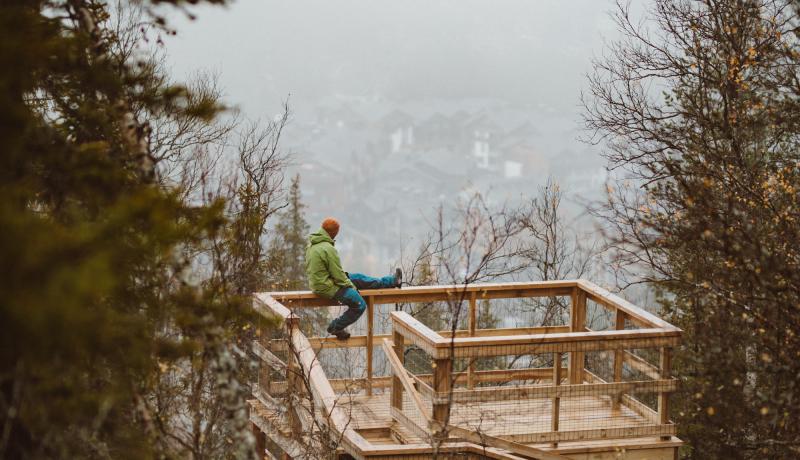 Ihminen Levin rappusilla istuu kaiteella ja katselee maisemaa