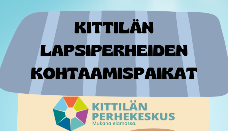 Piirroskuva talosta ja ihmisistä sekä teksti Kittilän lapsiperheiden kohtaamispaikat