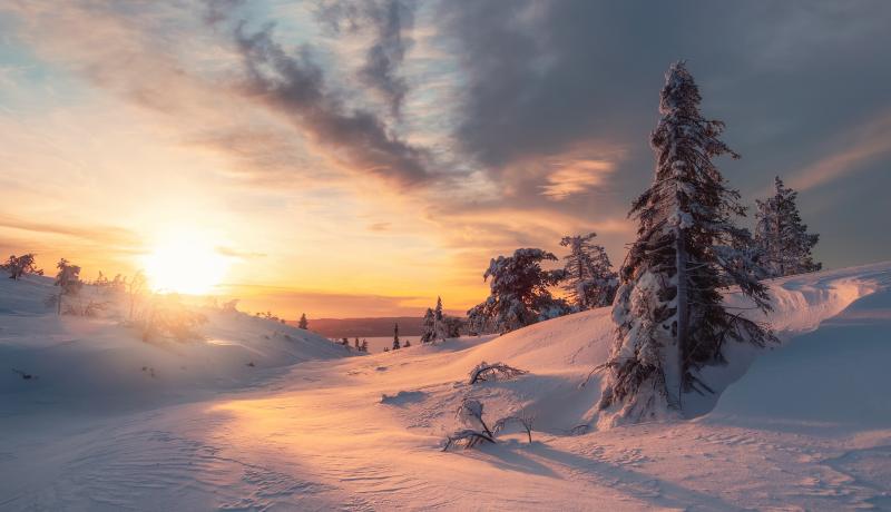 maisema, lunta, auringonlasku