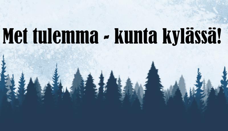 tapahtuman otsikko, piirrettyjä puita, sininen tausta