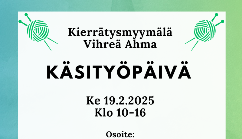 käsityöpäivä-kierrätysmyymälä vihreä ahma