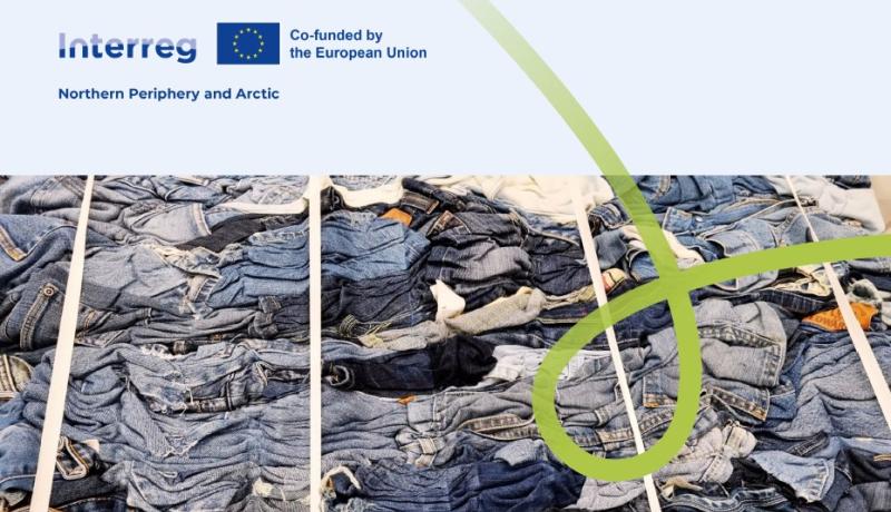 Kuvistuskuva, farkkukangasjätettä ja hankkeen rahoittajan logo, Interreg