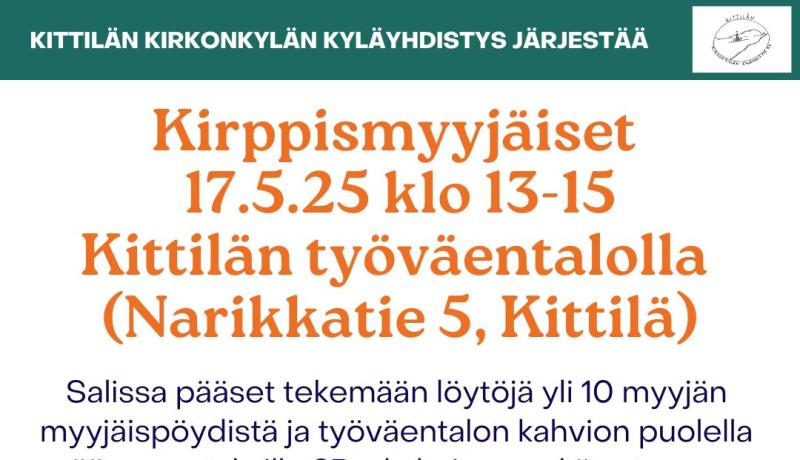 Kirppismyyjäiset 17.5.25 klo 13-15 Kittilän työväentalolla (Narikkatie 5, Kittilä) Salissa pääset tekemään löytöjä yli 10 myyjän myyjäispöydistä ja työväentalon kahvion puolella pääsee ostoksille 9B:n kahvioon sekä ostamaan Sushi&Suklaan take away herkkuja. Tervetuloa!