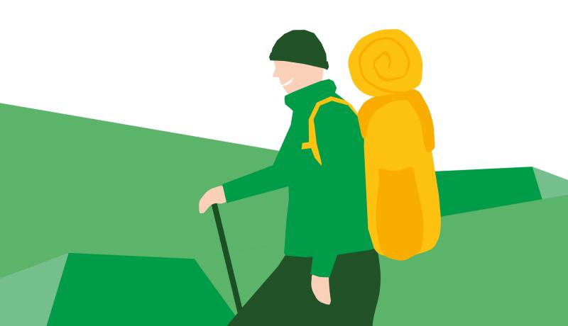 Piirroskuva, jossa ihminen vaeltaa rinkka selässä ja keppi kädessä.