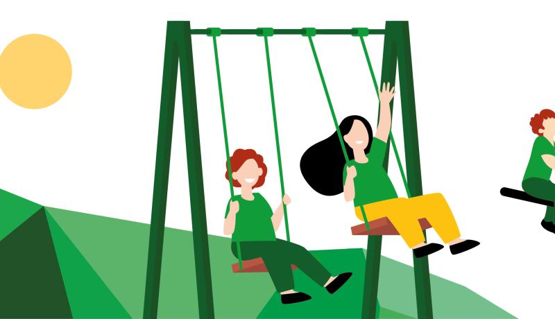 Piirroskuva lapsista keinumassa 