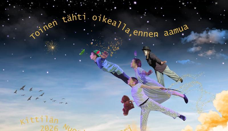 Toinen tähti oikealla, ennen aamua -teatteriesityksen mainos, jossa lapset ja Peter Pan lentävät taivaalla