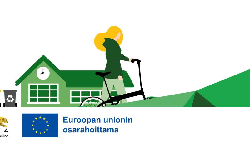 Kuvituskuva, jossa kierrätysastiat ja polkupyötää taluttava henkilö. Alalaidassa Kittilän kunnan logo sekä EU:n osarahoittama -tunnus.
